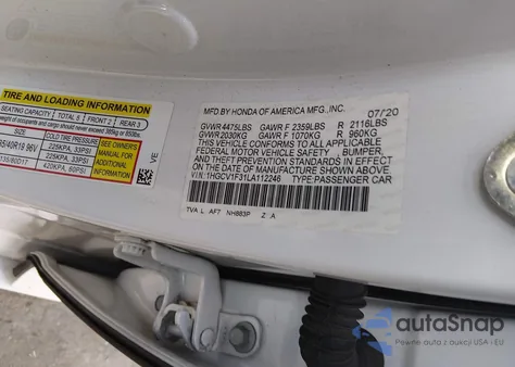 2020 Honda Accord Sport z USA, uszkodzony, nr VIN 1HGCV1F31LA112246